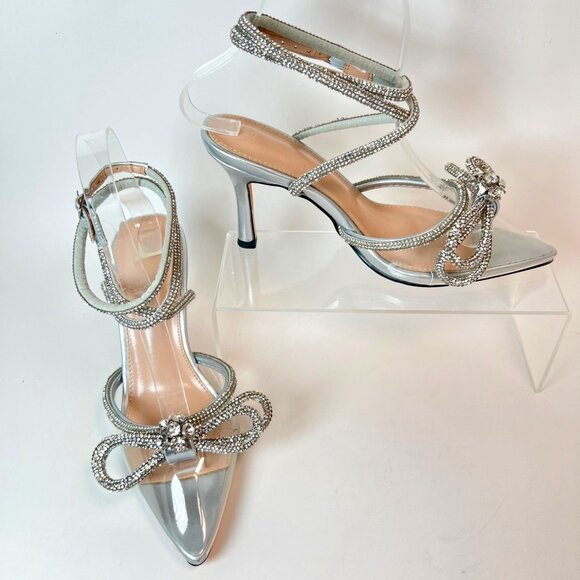 Silver Rhinestone Pointed Toe  Heels High Strappy  Bow Sandals Women Size 5.5 - Picture 2 of 9